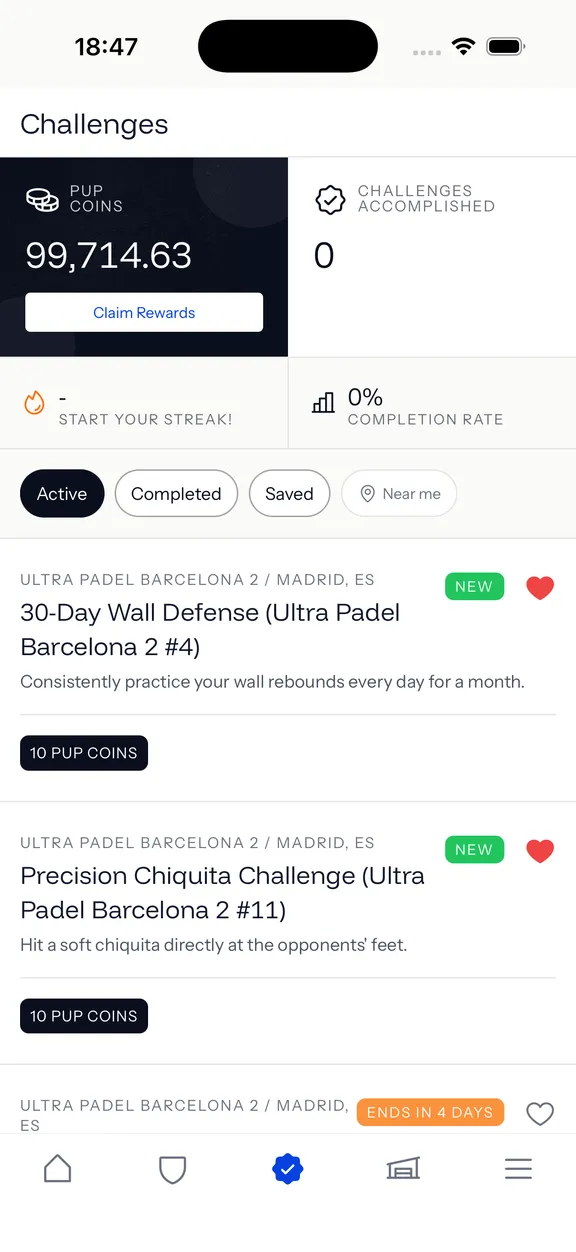 PUP app showing the challenges screen